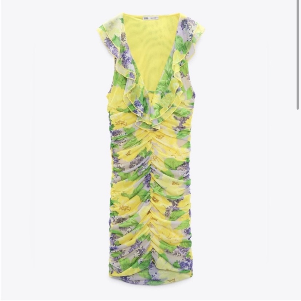 NWT Zara Yellow Floral Print Ruched Tulle Mini Dress - Picture 3 of 16